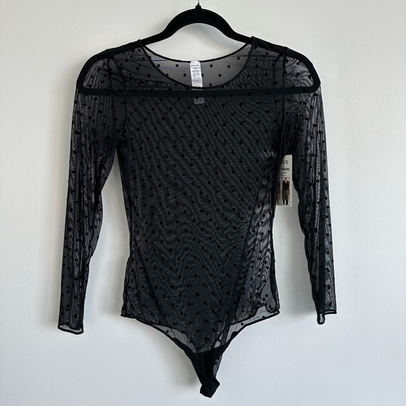 Spanx Long Sleeve Top Mesh Polka Dot Sheer Bodysuit | Size Large in Black (NWT) - Picture 3 of 10